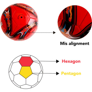 A red promotional soccer ball featuring hexagonal and pentagonal panels, with a logo visible on the surface.