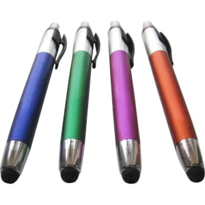A set of four stylus pens in blue, green, purple, and orange, each with a silver tip and a clip for attaching.