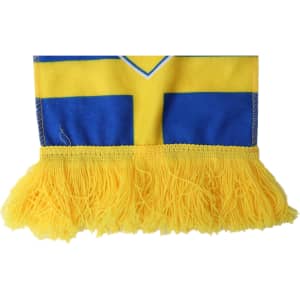 A fleece scarf featuring blue and yellow colours with fringe detailing and a logo.