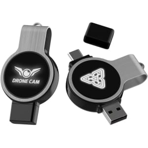 A dual-ended swivel flash drive in silver and black, featuring two connectors and a logo on each side.