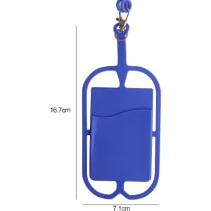 A blue phone holder with a silicone lanyard, featuring a secure attachment clip and a sleek design.