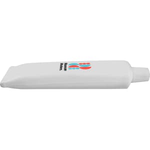 A white, toothpaste-shaped stress reliever with a textured surface and a branding logo.