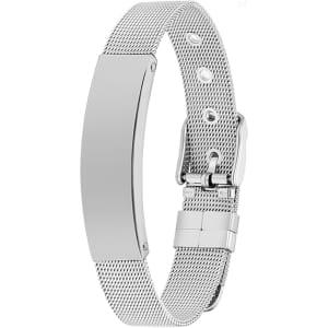 A silver metal bracelet with a sleek mesh design and a smooth blank surface. It features a clasp for secure fastening.