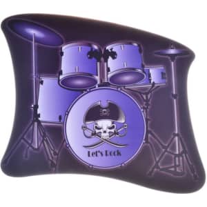 A purple and black mouse mat featuring a drum set design with a skull and the phrase "Let's Rock." It has a logo.