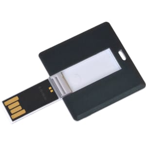 A black square card flash drive with a retractable USB connector. The product features branding on its surface.