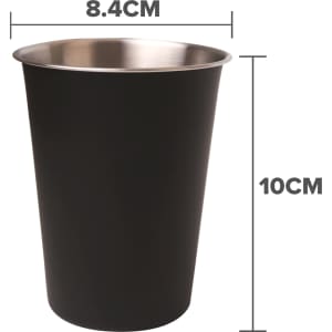 A stainless steel cup in black, measuring 10cm high and 8.4cm wide, featuring a sleek design and a logo.