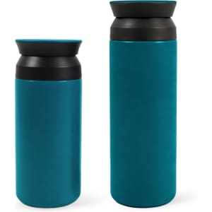 A drink bottle set featuring two teal double wall stainless steel bottles with black lids in 350ML and 500ML sizes.
