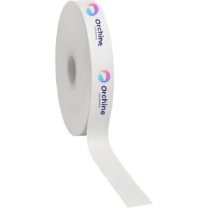 A roll of white satin polyester ribbon featuring a logo printed along its side.