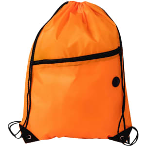 An orange polyester drawstring bag with a zippered pocket and a black logo.