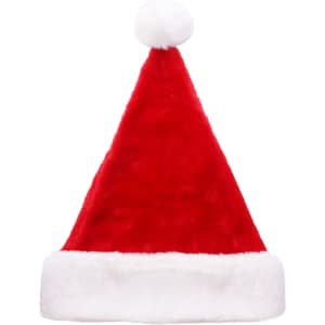 A plush red Santa hat with a white fur trim and a pom-pom on top.