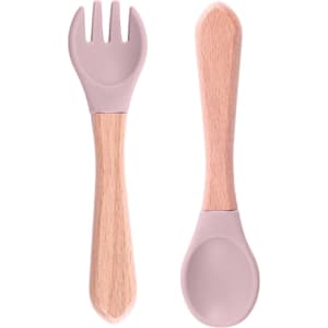 A set of ergonomic silicone kids cutlery featuring a pink fork and spoon with wooden handles.