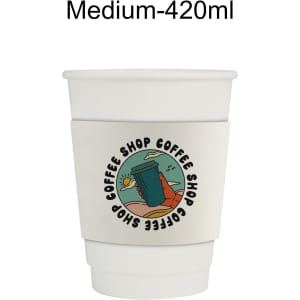 A double wall paper cup in white with a cup sleeve featuring a logo design, holding 420ml.