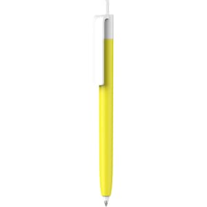 A plastic pen with a bright yellow barrel and creamy white cap, featuring a clip and a branding logo.