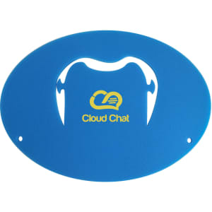 A blue oval-shaped promotional product with a cut-out design resembling a moustache and a logo.