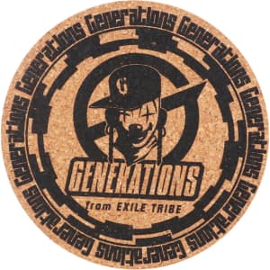 A cork coaster featuring a circular design with a logo in black against a natural cork background.