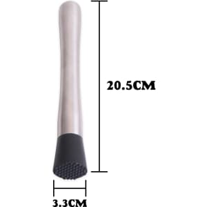 A short stainless steel cocktail muddler with a black rubber base, measuring 20.5 cm in length and 3.3 cm in width.