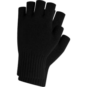 Black knitted fingerless gloves displayed in a stacked position, featuring a woven label.