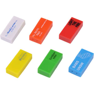 A collection of brick-shaped flash drives in blue, orange, yellow, green, and red, featuring various logos.