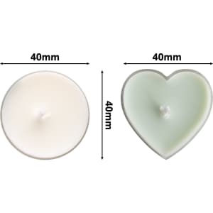 Tealight candles in round and heart shapes, featuring white and light green hues, measuring 40mm each.