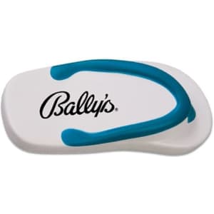 A white and blue flip-flop shaped stress reliever with a logo on it.