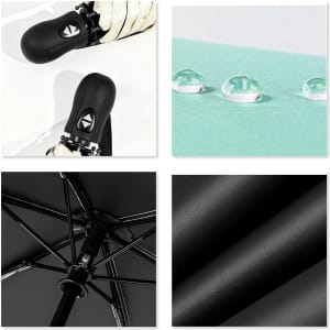 A mini auto umbrella featuring a black handle, waterproof fabric, and a close-up of detailing and raindrops.