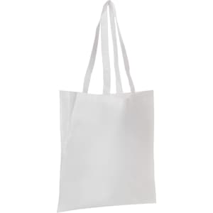 A white non-woven long handle bag with a V gusset and two shoulder straps, featuring a simple design.