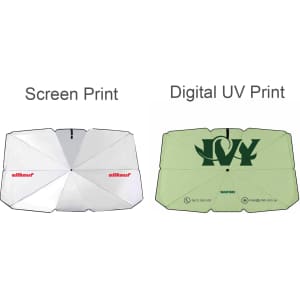 A large car shade umbrella in white with a logo, and a green version featuring digital UV print.