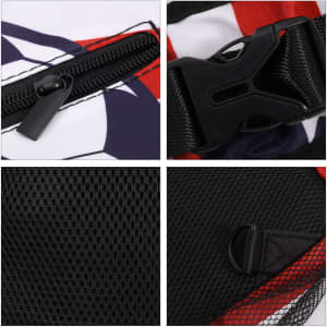 A crossbody bag featuring a colourful design with a black zipper, adjustable strap, and mesh detailing.