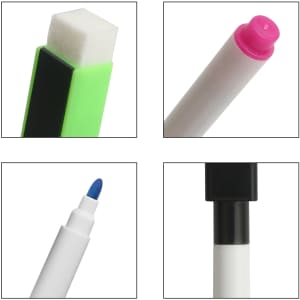 Four markers are displayed: a green and black marker with a felt tip, a pink marker, a blue marker, and a black marker. Each features a distinct design.