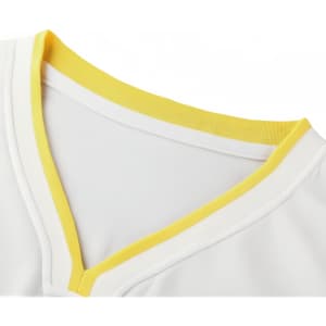 A close-up of a white sport jersey featuring a curved V-neck with a yellow trim and a logo.