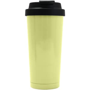 A drink bottle with a yellow body and black lid, featuring a logo on the side.