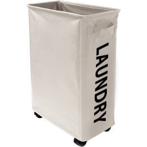 A cream laundry basket with wheels, featuring handles and black text on the side.