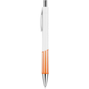 A plastic pen with a creamy white barrel and three orange stripes near the base, featuring a silver clip and tip.