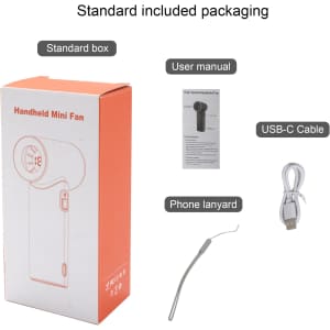 An orange box containing a handheld fan, user manual, USB-C cable, and phone lanyard.