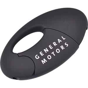 An oval black flash drive with an integrated clip and a logo on the surface.