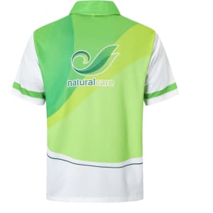A green and white unisex polo shirt featuring a logo and a vibrant design on the back.