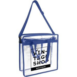A clear tote bag with a blue shoulder strap and handles, featuring a logo on the front.