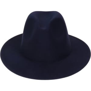 A navy felt wide brim fedora hat with a rounded crown and a wide brim, featuring a subtle logo.