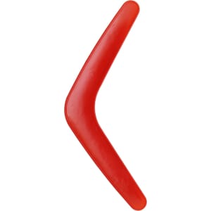 A red V-shaped boomerang toy, designed for throwing and catching. It has a smooth surface and a logo.
