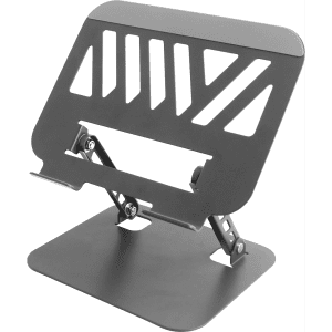 A foldable metal laptop stand in a sleek black design with cut-out patterns for ventilation and style.