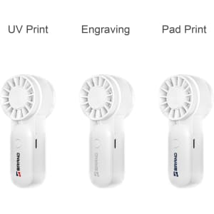 A mini portable handheld fan in three styles: white fan design with variations in print methods. Each features a logo.
