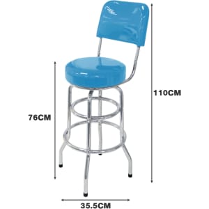 A blue bar stool with a backrest and chrome legs, featuring measurements of 76cm in height and 35.5cm diameter.