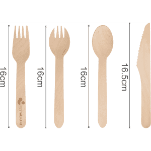 A pack of 100 disposable wooden cutlery including forks, spoons, knives, and 2-in-1 utensils. Natural wood colour.