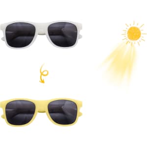 Colour changing sunglasses in white and yellow, featuring dark lenses and a logo on the side. Sunlight depicted above.