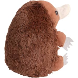A brown echidna plush toy with a rounded body, white snout, and grey claws, featuring a logo on its side.