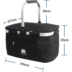 A black picnic cooler basket with a silver handle, featuring a zippered pocket and a branding logo.