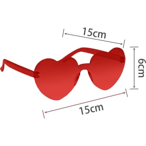 Heart-shaped party glasses in a vibrant red colour, measuring 15cm across and 6cm high. Includes a logo.