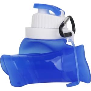 A blue 500ml collapsible silicone drink bottle with a white cap and a black clip for attachment.
