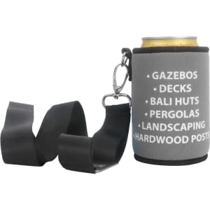 A drink bottle holder in grey with a clip, designed to keep cans cool. Features a logo.