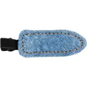 A denim hair clip in light blue with a black clasp, featuring contrasting stitching along the edges.